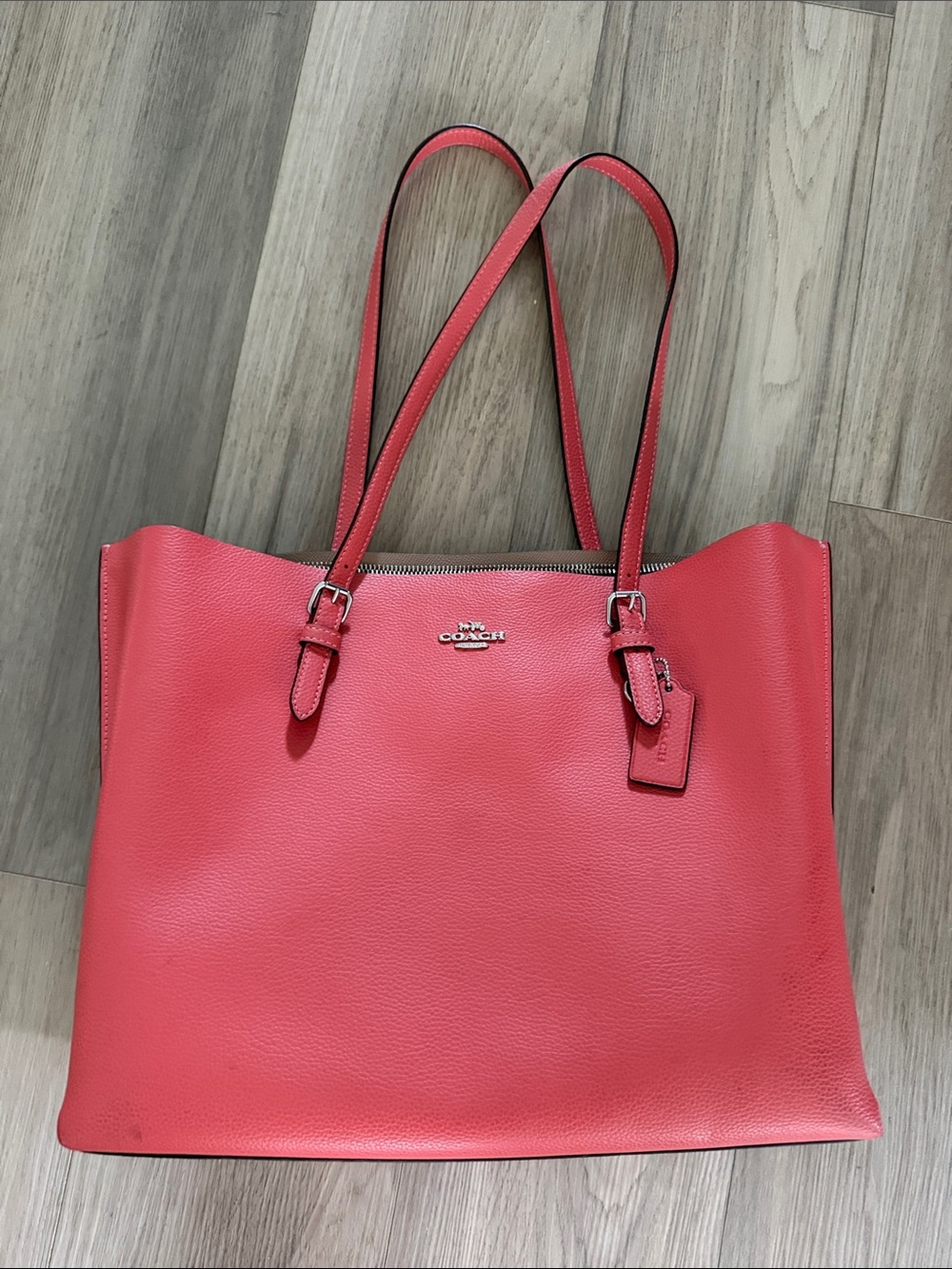 Coach Mollie Coral  Pebbled Leather Tote & matching wallet EUC